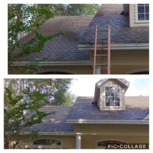 Wilson Exterior Cleaning specializes in a soft wash - low pressure cleaning process that uses a solution to wash away all of the mold, mildew, and dirt from the roof without causing any damage to the roof or granules!