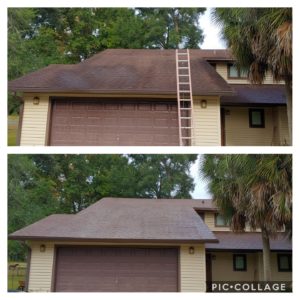 Wilson Exterior Cleaning specializes in a soft wash - low pressure cleaning process that uses a solution to wash away all of the mold, mildew, and dirt from the roof without causing any damage to the roof or granules!