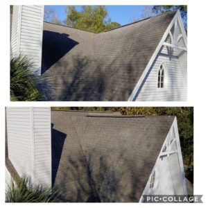 Wilson Exterior Cleaning specializes in a soft wash - low pressure cleaning process that uses a solution to wash away all of the mold, mildew, and dirt from the roof without causing any damage to the roof or granules!