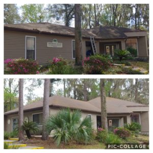 Wilson Exterior Cleaning specializes in a soft wash - low pressure cleaning process that uses a solution to wash away all of the mold, mildew, and dirt from the roof without causing any damage to the roof or granules!