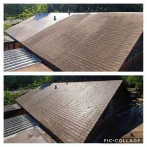 Wilson Exterior Cleaning specializes in a soft wash - low pressure cleaning process that uses a solution to wash away all of the mold, mildew, and dirt from the roof without causing any damage to the roof or granules!