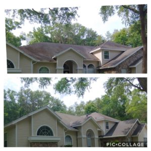 Wilson Exterior Cleaning specializes in a soft wash - low pressure cleaning process that uses a solution to wash away all of the mold, mildew, and dirt from the roof without causing any damage to the roof or granules!