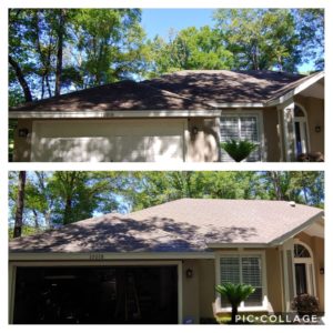 Wilson Exterior Cleaning specializes in a soft wash - low pressure cleaning process that uses a solution to wash away all of the mold, mildew, and dirt from the roof without causing any damage to the roof or granules!