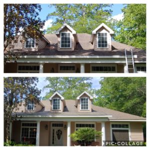 Wilson Exterior Cleaning specializes in a soft wash - low pressure cleaning process that uses a solution to wash away all of the mold, mildew, and dirt from the roof without causing any damage to the roof or granules!